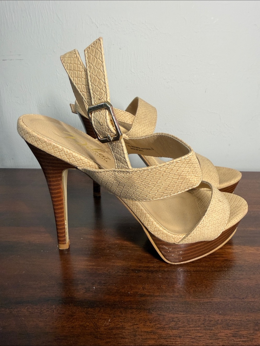 Neutral Textured Platform High Heel Sandals with Buckle Strap